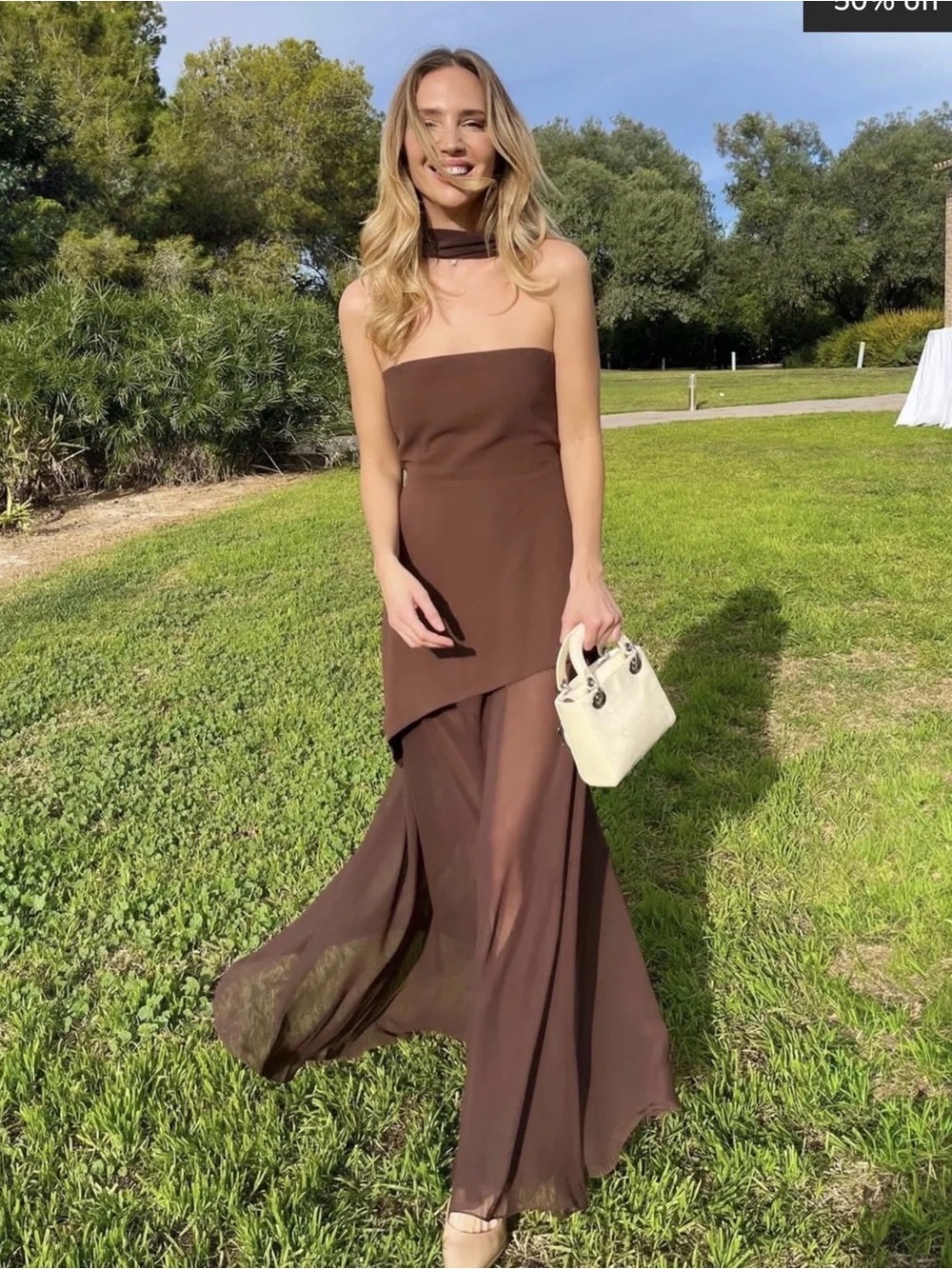 Asymmetrical Brown Strapless Maxi Dress